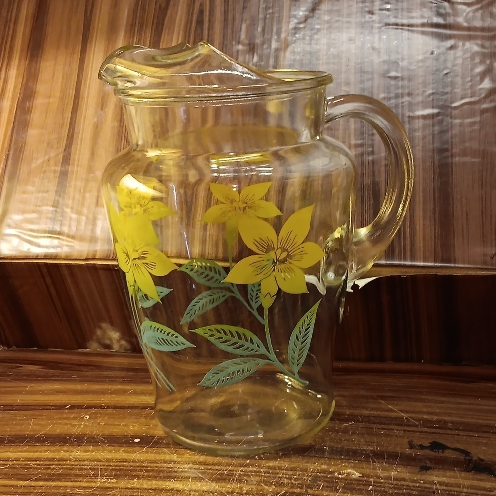Vintage mcm farmhouse shabby chic glass tea pitcher yellow flowers